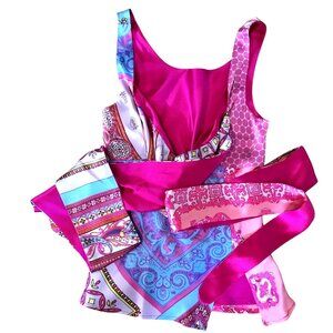 Alex & Trixie Woman Reversible 100% Silk Wrap Top Fuchsia Scarf Print Boho M